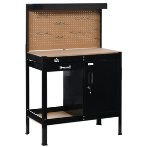 English Elm Multipurpose Workshop Table with Pegboard Steel Frame Lockable Cabinet and Drawer T3971P389483
