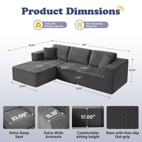 English Elm 109" Cloud Modular Sectional Corduroy Sofa Deep Seat L-shape Chaise for Living Room Grey W1521S00090