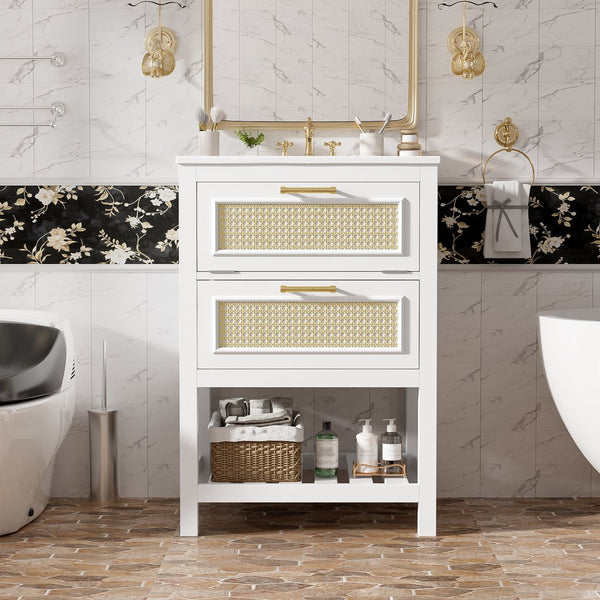 English Elm 24" Rattan Front Bathroom Vanity with Ceramic Sink Deep Drawer Storage Mdf Cabinet White N710P293990K