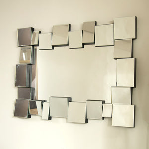 English Elm 30'' Reage Mirror - Geometric Square-Spliced PU Art Mirror Silver, Modern Wall Decor for Home Spaces W2615P346493
