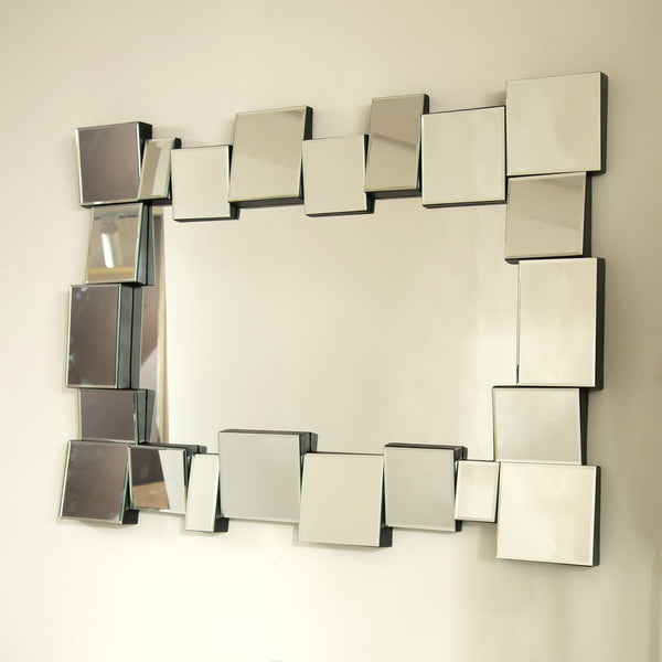 English Elm 30'' Reage Mirror - Geometric Square-Spliced PU Art Mirror Silver, Modern Wall Decor for Home Spaces W2615P346493