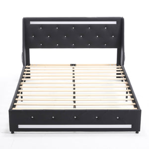 English Elm Queen Platform Bed Wingback Diamond Quilted Headboard Led Lighting Storage Drawers Black W5722P462392