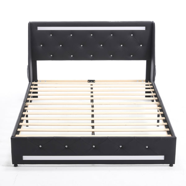 English Elm Queen Platform Bed Wingback Diamond Quilted Headboard Led Lighting Storage Drawers Black W5722P462392