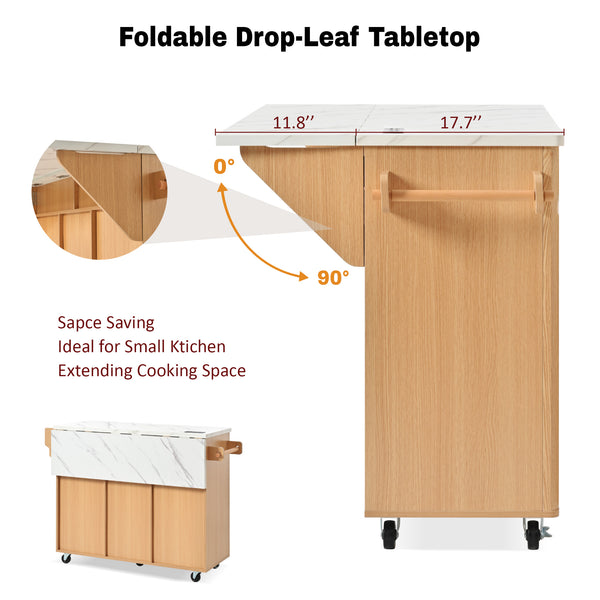 English Elm K&k Fluted Rolling Kitchen Island Faux Marble Top Power Outlet Drop Leaf Storage Natural N707S000019Y