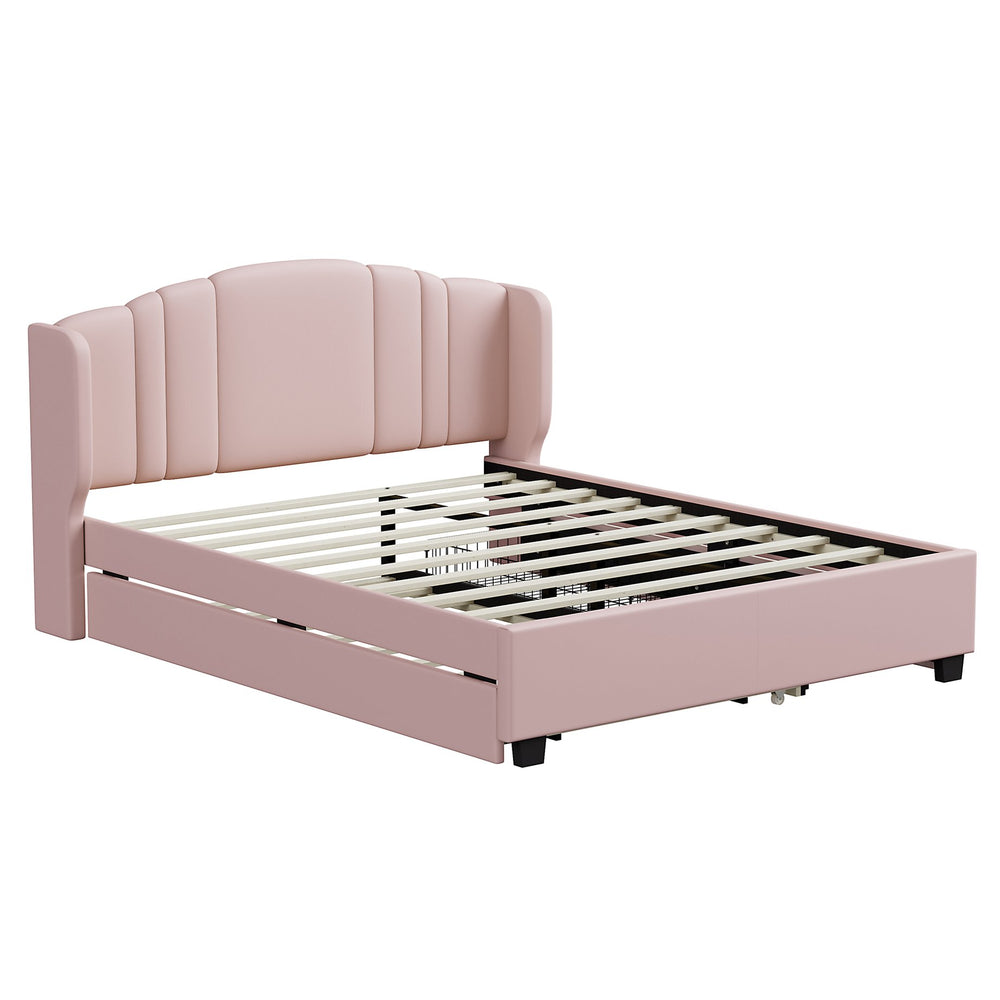 English Elm Upholstered Platform Bed with Wingback Headboard, Twin Trundle & 2 Storage Drawers, Linen Queen Frame Pink 83 L x 9.5 W x 8.75 H N733S208132H