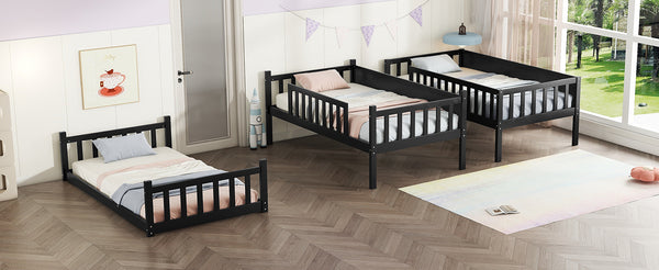 English Elm Twin Triple Rubberwood Bunk Bed with Ladders & Guardrails, Space-Saving Modular Design for Families Black W504S00173