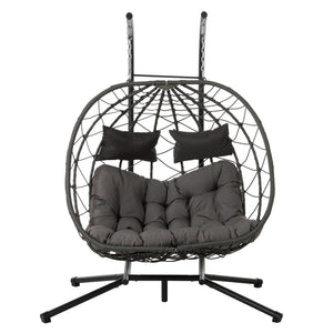 English Elm 2 Person Wicker Hanging Egg Chair with Freestanding Stand Outdoor Patio Swing Seat Gray W1703P444363