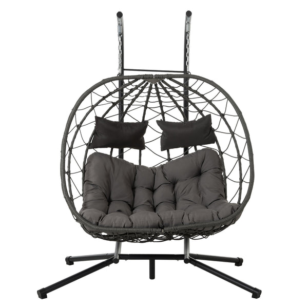 English Elm 2 Person Wicker Hanging Egg Chair with Freestanding Stand Outdoor Patio Swing Seat Gray W1703P444363