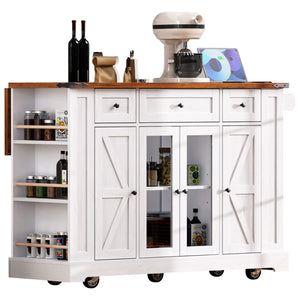 English Elm K&K 53" Farmhouse Kitchen Island with Drop Leaf, Tempered Glass Doors, Power Outlet, Rolling Cart White N707P263637W