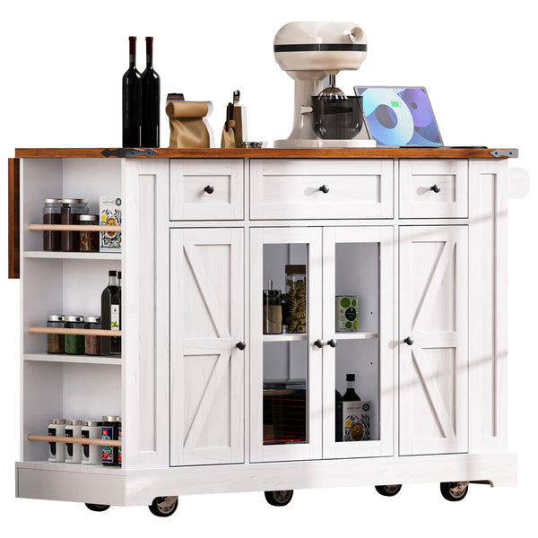 English Elm K&K 53" Farmhouse Kitchen Island with Drop Leaf, Tempered Glass Doors, Power Outlet, Rolling Cart White N707P263637W