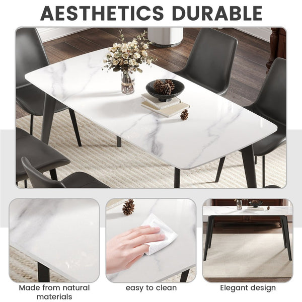 English Elm 62.99" Modern Artificial Stone Dining Table With Curved Edges & Dark Grey Metal Legs For 6 People P2 W1535S00524-GIGA