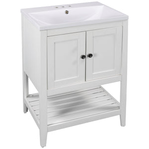English Elm [video] 24 Inch Freestanding Bathroom Vanity Birch Wood Frame Ceramic Sink Open Shelf JL000004AAK