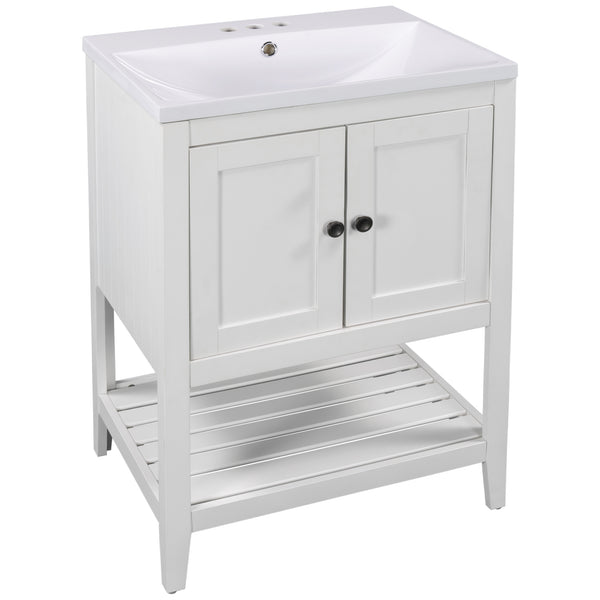 English Elm [video] 24 Inch Freestanding Bathroom Vanity Birch Wood Frame Ceramic Sink Open Shelf JL000004AAK