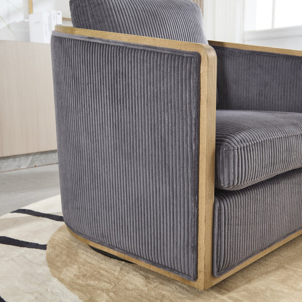 English Elm Corduroy Swivel Barrel Chair with Sturdy Wood Frame & Metal 360° Base, Plush Corduroy Comfort Pop Dark Gray W395P220272