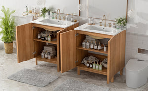English Elm Modern 48 Inch Freestanding Bathroom Vanity Dual Ceramic Sinks Soft Close Gold Handles N729P000012O
