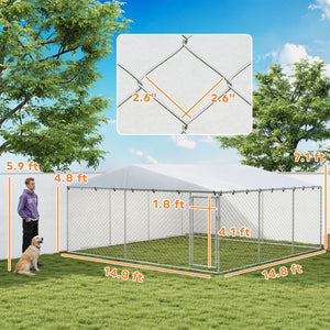 English Elm Garden Walk-in Dog Kennel Galvanized Steel Outdoor Enclosure with Uv Resistant Pe Roof T3971S00208