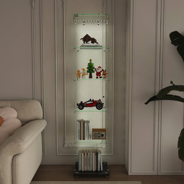 English Elm Premium 5-Tier Glass Display Case With Led Lighting, Stylish Design For Collectibles, Home & Office W2700P353066-GIGA