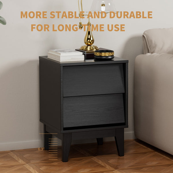 English Elm 2 Nightstands Vintage Bevel Design with Hidden Drawer Pulls and Solid Wood Legs for Stable Style Black W578P192479