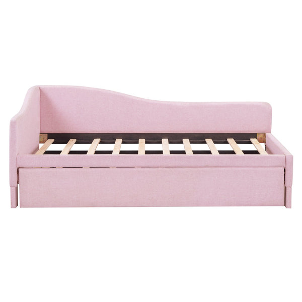 English Elm Twin L-shaped Linen Upholstered Daybed with Hydraulic Pop-up Trundle for Guest Rooms Pink SF000193AAH-1