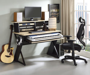 English Elm Eleazar Natural Oak Music Recording Studio Desk with Keyboard Tray, Cable Management & Shelf B2726P251781
