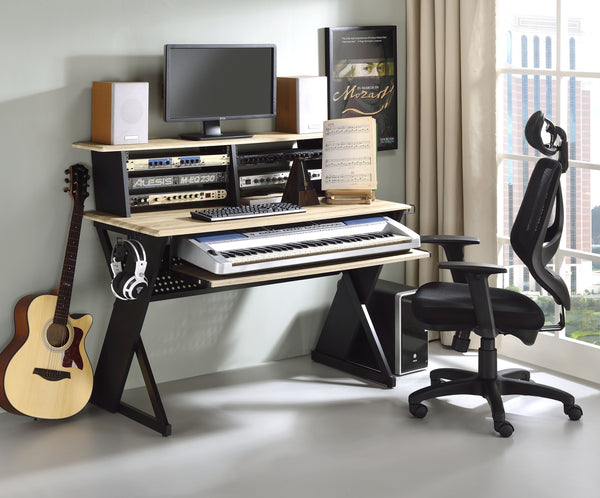 English Elm Eleazar Natural Oak Music Recording Studio Desk with Keyboard Tray, Cable Management & Shelf B2726P251781
