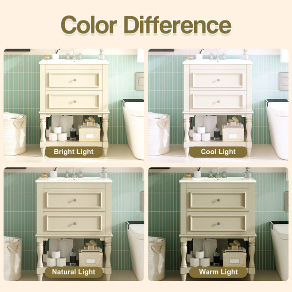 English Elm 24'' Retro Bathroom Vanity Mdf Cabinet with Ceramic Sink Open Shelf and 2 Drawers Beige N710P405414Y