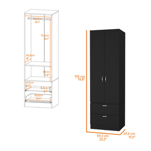 English Elm Tall Mayer Wardrobe Melamine 2 Doors 2 Drawers Black – Durable Bedroom Storage with Hanging Rod, Space-Saving Organizing Solution B128P203059