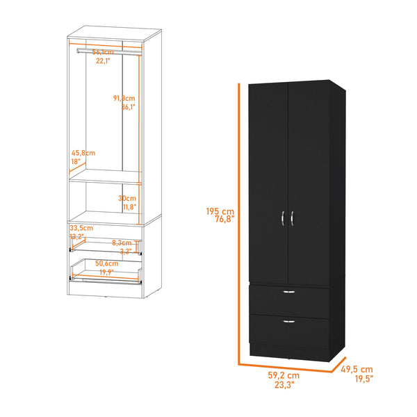 English Elm Tall Mayer Wardrobe Melamine 2 Doors 2 Drawers Black – Durable Bedroom Storage with Hanging Rod, Space-Saving Organizing Solution B128P203059