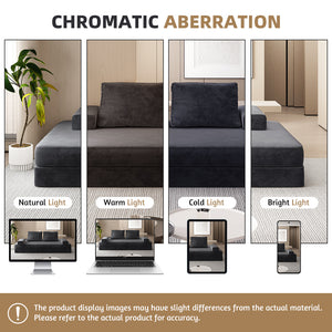 English Elm 86.6"Multifunctional Folding Sofa Bed with Chaise, Fluffy Chenille, Removable Backs & Pillows, Deep Seat Lounge DARK GREY W3219P340667