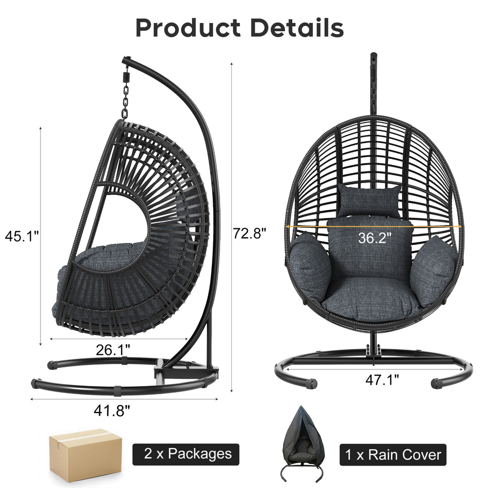 English Elm 42 Inch Hanging Egg Chair Woven Pe Rattan Patio Swing with Thick Cushion 400lb Black W3979S00005