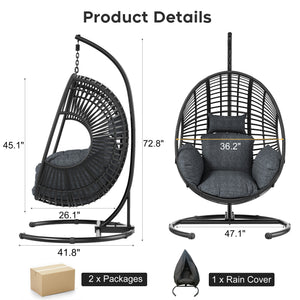 English Elm 42 Inch Hanging Egg Chair Woven Pe Rattan Patio Swing with Thick Cushion 400lb Black W3979S00005
