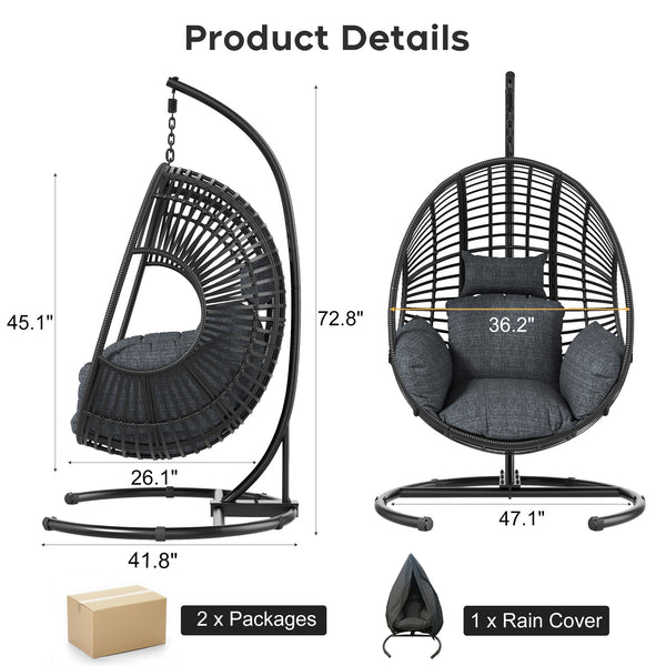 English Elm 42 Inch Hanging Egg Chair Woven Pe Rattan Patio Swing with Thick Cushion 400lb Black W3979S00005