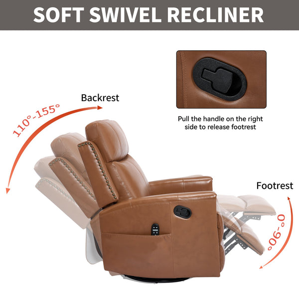 English Elm Deep Ochre Genuine Leather Swivel Rocker Recliner with Massage Heat for Living Room W1803P323711