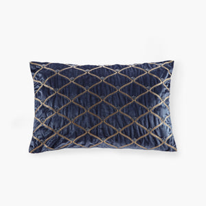 English Elm Oblong Luxurious Navy Velvet Pillow 22x15" Foxtail Stitch & Hand-Beaded Net Pattern with Feather Insert B035129197