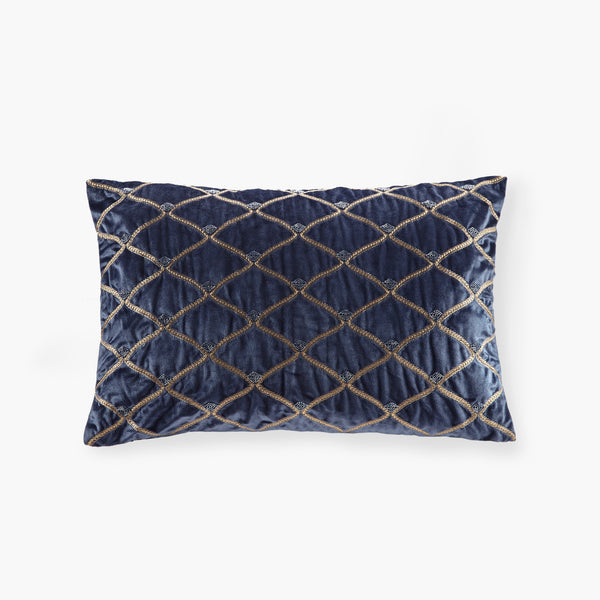 English Elm Oblong Luxurious Navy Velvet Pillow 22x15" Foxtail Stitch & Hand-Beaded Net Pattern with Feather Insert B035129197