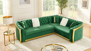 English Elm 106 Inch Velvet Tufted Chesterfield Sectional with Gold Steel Legs for Large Living Rooms Green W1191S00127