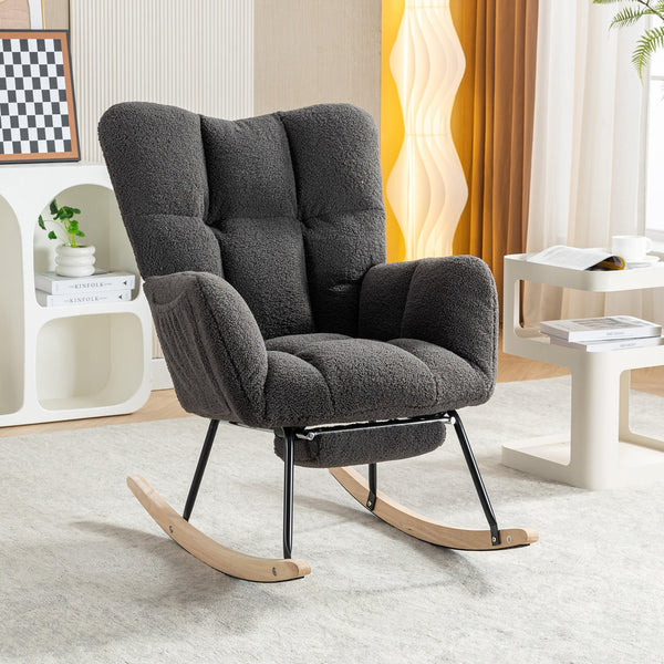 English Elm 067-teddy Fabric High Back Nursery Rocking Chair with Adjustable Footrest and Storage Pocket Dark Gray W527P420906