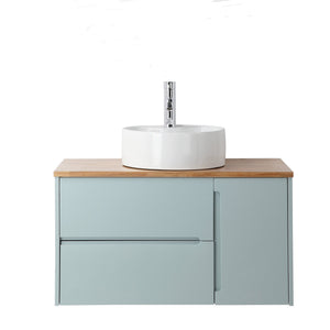 English Elm 36-Inch Wall-Mounted Bathroom Vanity With Blue Cabinet, Natural Wood Top & Round Ceramic Sink Design W3151S00011