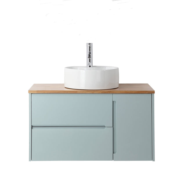 English Elm 36-Inch Wall-Mounted Bathroom Vanity With Blue Cabinet, Natural Wood Top & Round Ceramic Sink Design W3151S00011
