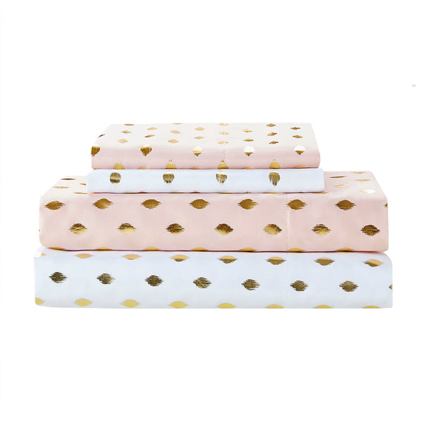 JLA Home Intelligent Design - Printed Sheet Set Metallic Dot Ikat Microfiber — Ultra-Soft, OEKO-TEX Certified, Breathable Fit to 16" Deep Blush/Gold ID20-1474