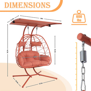 English Elm 2-person Wicker Egg Swing Chair with Canopy Steel Stand Outdoor Patio Lounger T5880P502252