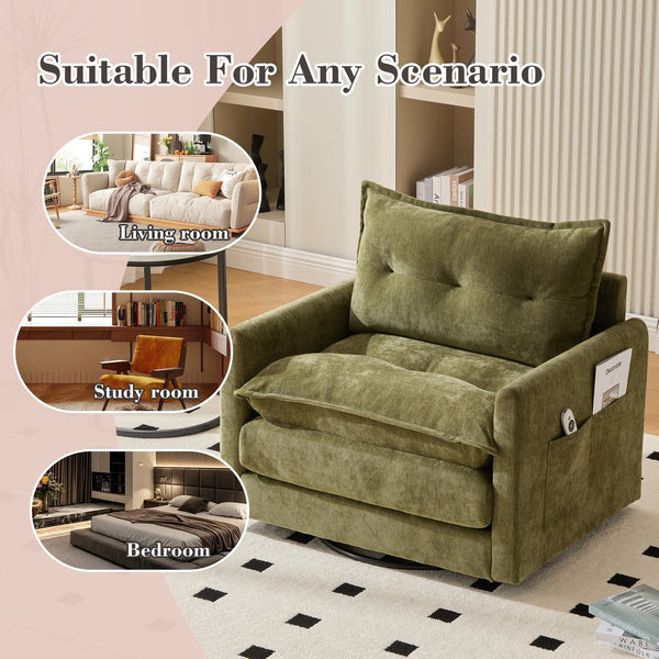 English Elm UNITED Swivel Barrel Chair with Chenille Upholstery, 360° Smooth Rotation, Padded Arm Comfort and Side Pockets for Living Room Relaxation Olive Green W1568P290086