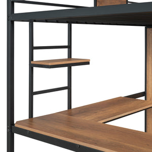 English Elm Twin Loft Bed with L-Shaped Desk and Wardrobe — Space-Saving Iron & Wood Design for Study & Storage Black SF000168AAB