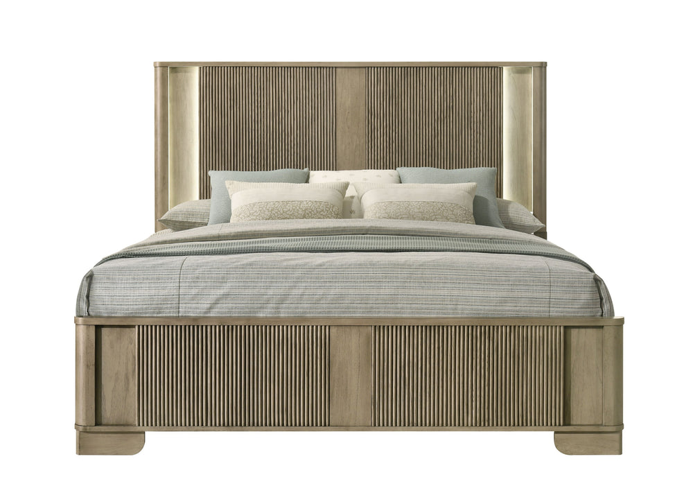 English Elm Lakkari Antique Oak Queen Bed Paneled Headboard Led Lighting Elevated Frame B2756S00011