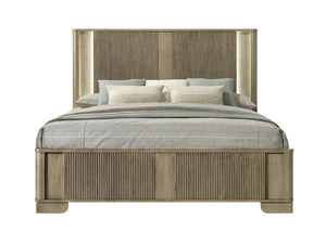 English Elm Lakkari Antique Oak Queen Bed Paneled Headboard Led Lighting Elevated Frame B2756S00011