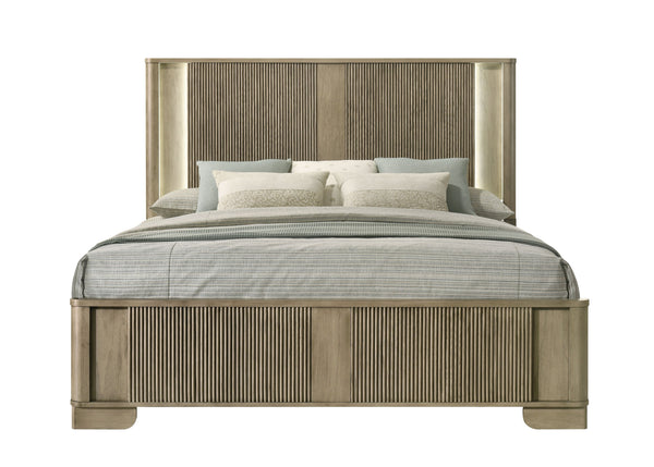 English Elm Lakkari Antique Oak Queen Bed Paneled Headboard Led Lighting Elevated Frame B2756S00011