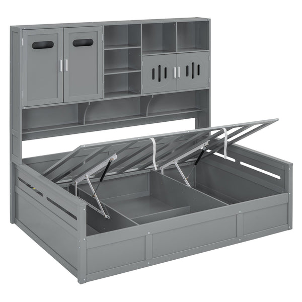 English Elm Full Size Wooden Daybed With Hydraulic Lift, Integrated Storage Cabinet & Shelves In Gray Finish N820S00047E