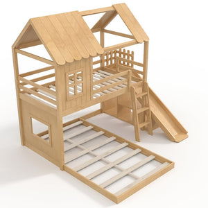 English Elm Twin Over Full Playhouse Bunk Bed with Slide Ladder Storage Shelves and Wardrobe W5305S00040