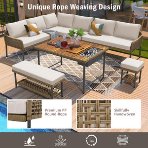 English Elm K&K 6-Piece Rope Patio L-Shaped Sectional Set with Acacia Wood Ice Box Table and Deep Cushions Beige+Brown N707S000014Z