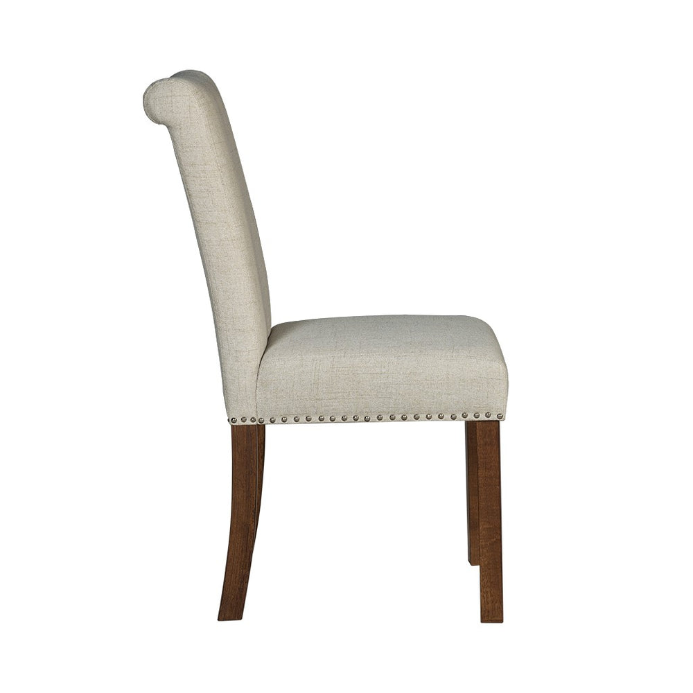 English Elm Upholstered Beige Dining Chairs Set of 2 with Silver Nailhead Trim, Rollback Design & Walnut Legs B035P265991